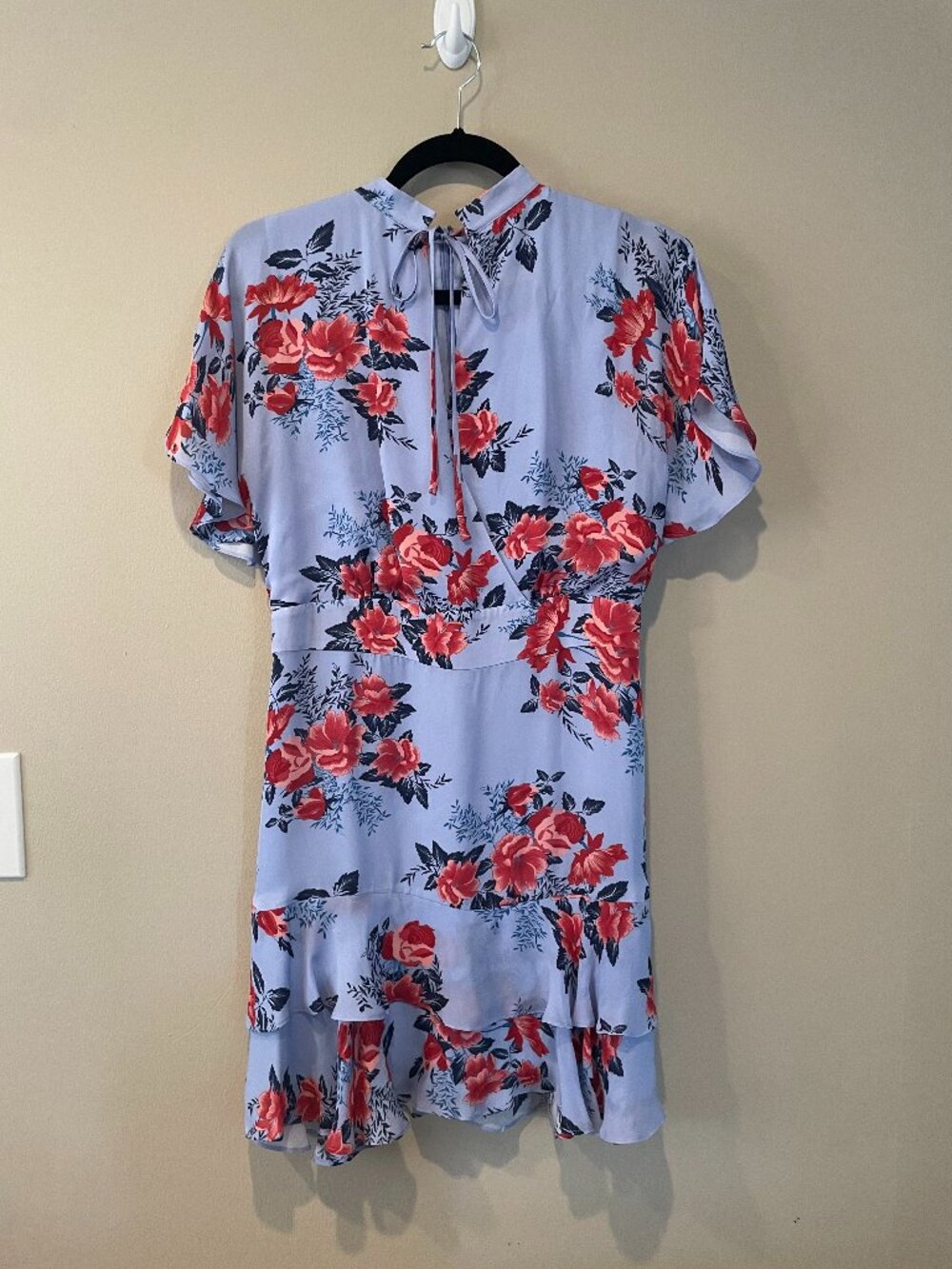 Parker 100% Silk Blue Floral Flutter Sleeve Faux-Wrap Mini Dress (altered)
